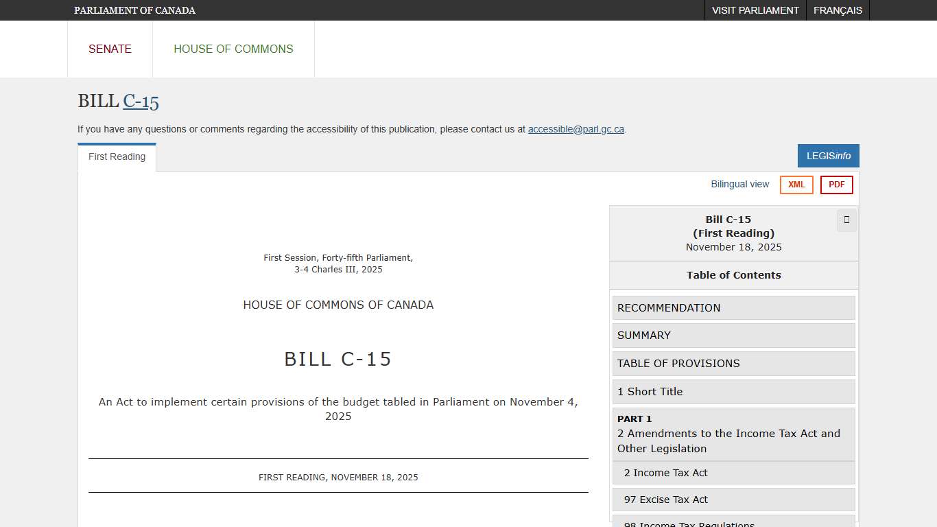 Government Bill (House of Commons) C-15 (45-1) - First Reading - Budget 2025 Implementation Act, No. 1 - Parliament of Canada